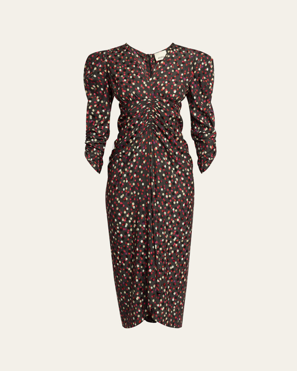 Albini Polka-Dot Ruched-Sleeve Midi Dress